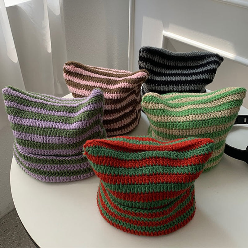 Cozy Striped Beanie with Cat Ears