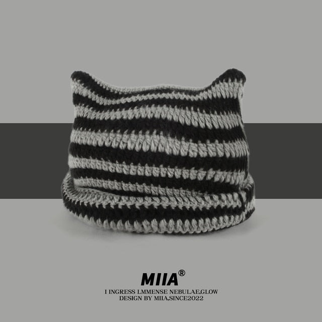 Cozy Striped Beanie with Cat Ears