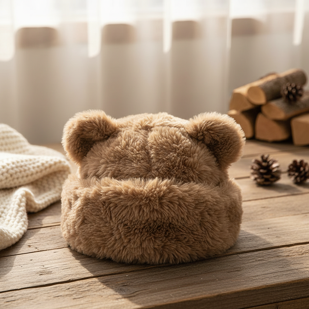 Furry Bear Hat in cozy woodland setting