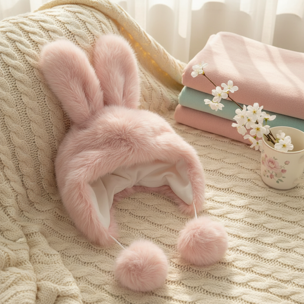 Furry Bunny Hat in sweet cozy setting