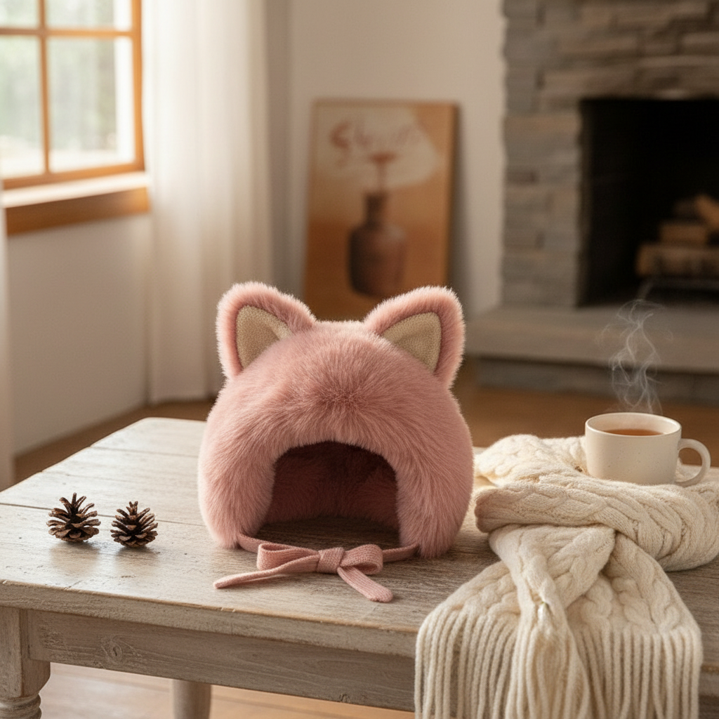 Furry Cat Hat in cozy winter setting