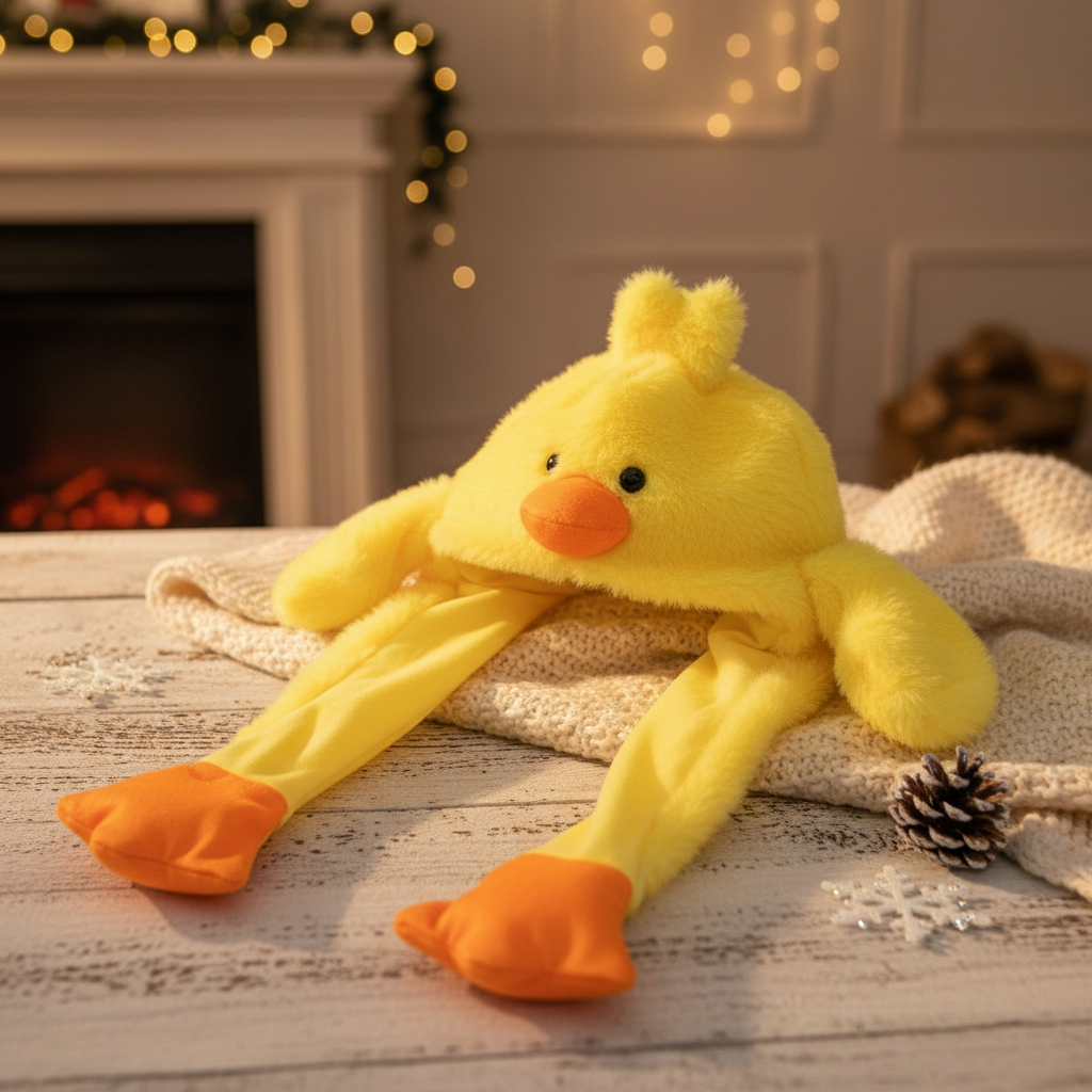 Furry Duck Hat in playful setting