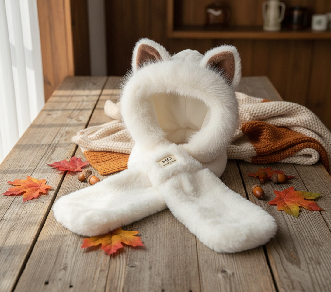 Furry Fox Hat in cozy woodland setting