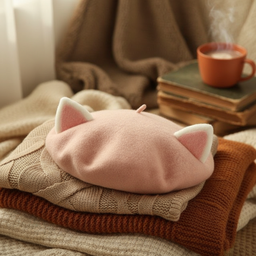 Kawaii Cat Ears Beret with cozy background