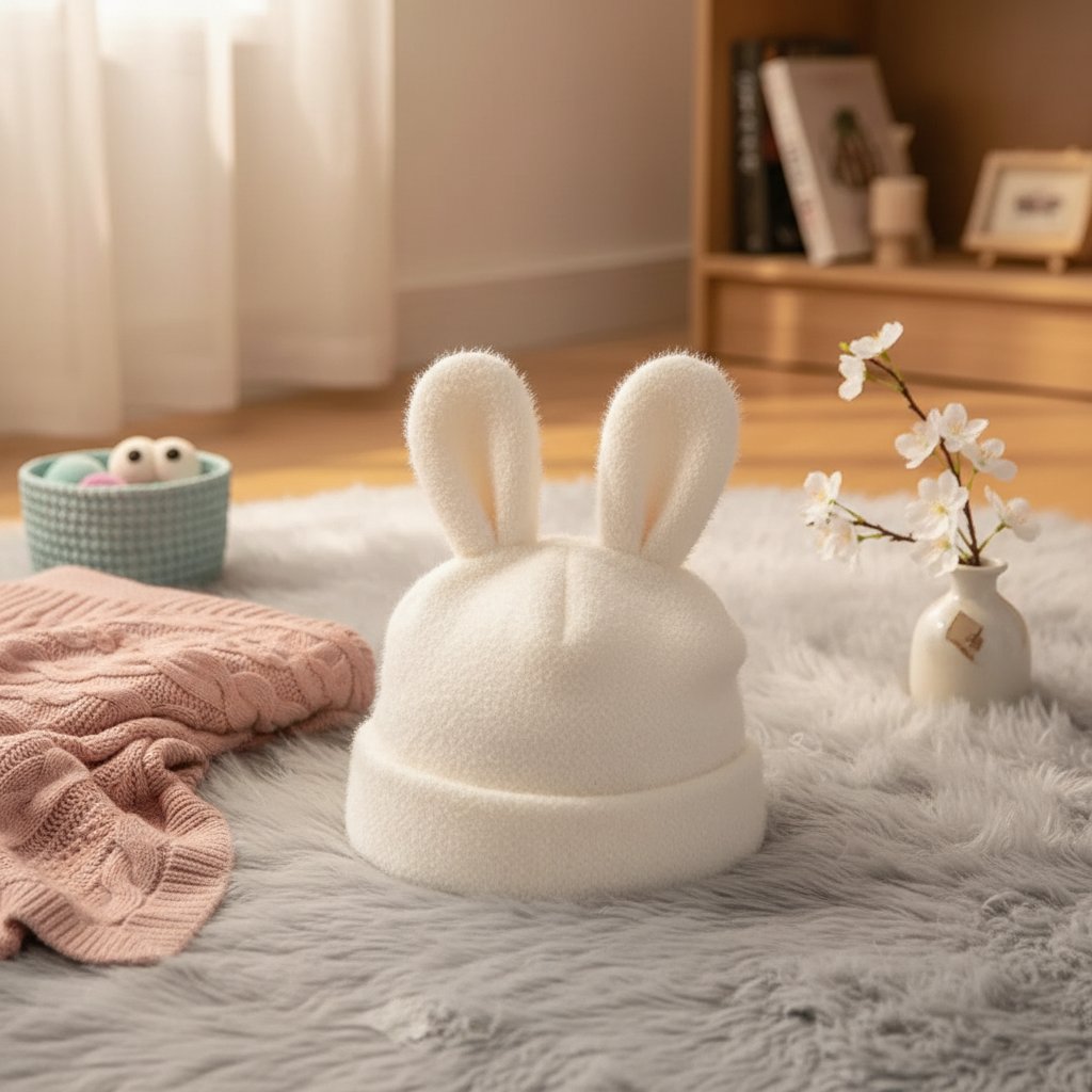 Soft Bunny Ears Beanie in sweet cozy setting